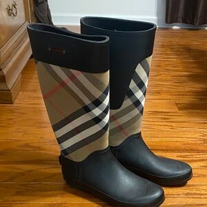 Burberry Black & Beige Plaid Tall Rain Boots